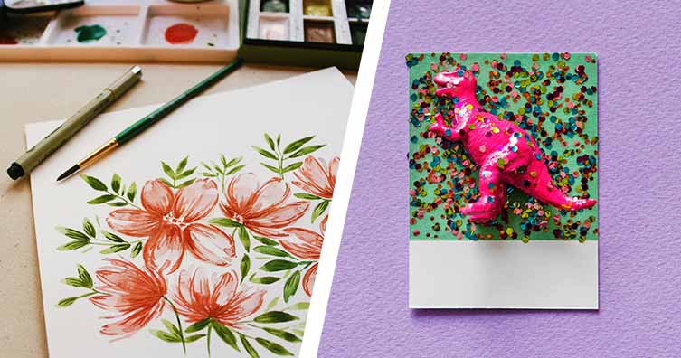 painting of flowers and a dinosaur picture