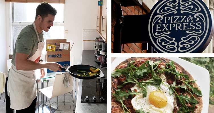 man cooking, pizza express logo and egg on pizza