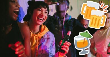 friends at a house party with drink emojis