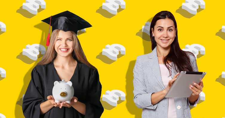 graduate holding piggy bank and woman with ipad