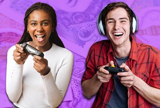Man and woman gaming with money background