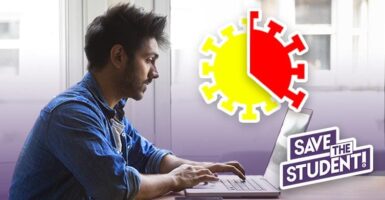 man on laptop with save the student logo