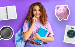 student with notebook, frying pan, piggy bank and washing machine