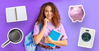 student with notebook, frying pan, piggy bank and washing machine