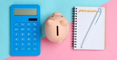 Calculator, piggy bank and notebook that says 'pension'