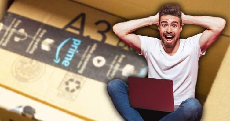 excited man in front of amazon box