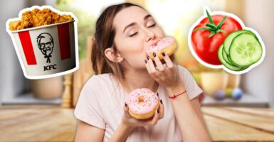 woman eating doughnuts next to KFC and vegetables