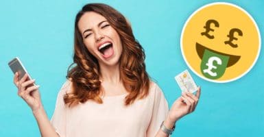 happy woman with phone and bank card with smiling money emoji