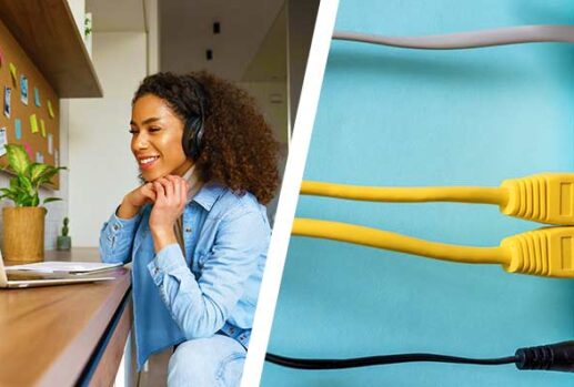woman sat at desk and cables in internet router
