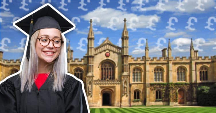 female graduate looking at university with pound signs in the air