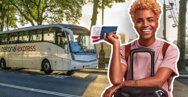 Woman with travel ticket and coach