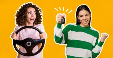 woman with steering wheel and woman with car keys